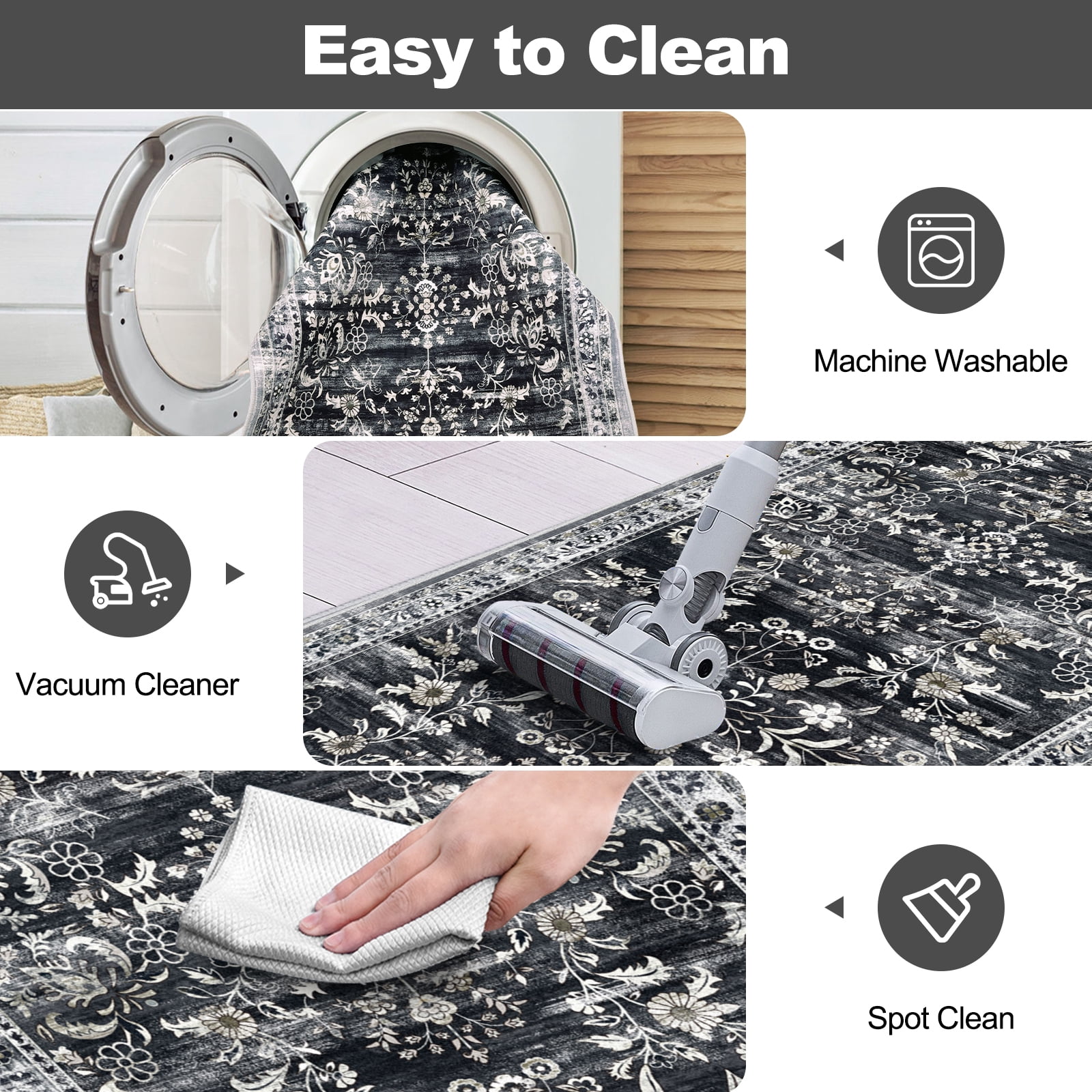 MJIAexp 2'x10' Boho Runner Rug,Non Slip Washable Floral Hallway Runner Rug with Rubber Backing, Low Pile Faux Wool Distressed Carpet for Kitchen, Laundry, Bedroom, Entrance,Black