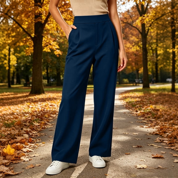 sdhkgrrt Women Plus Size Wide Leg High Waisted Trousers Stretch Casual Palazzo Pants with Pockets Office Travel Lounge Fashion Outfits, Navy S