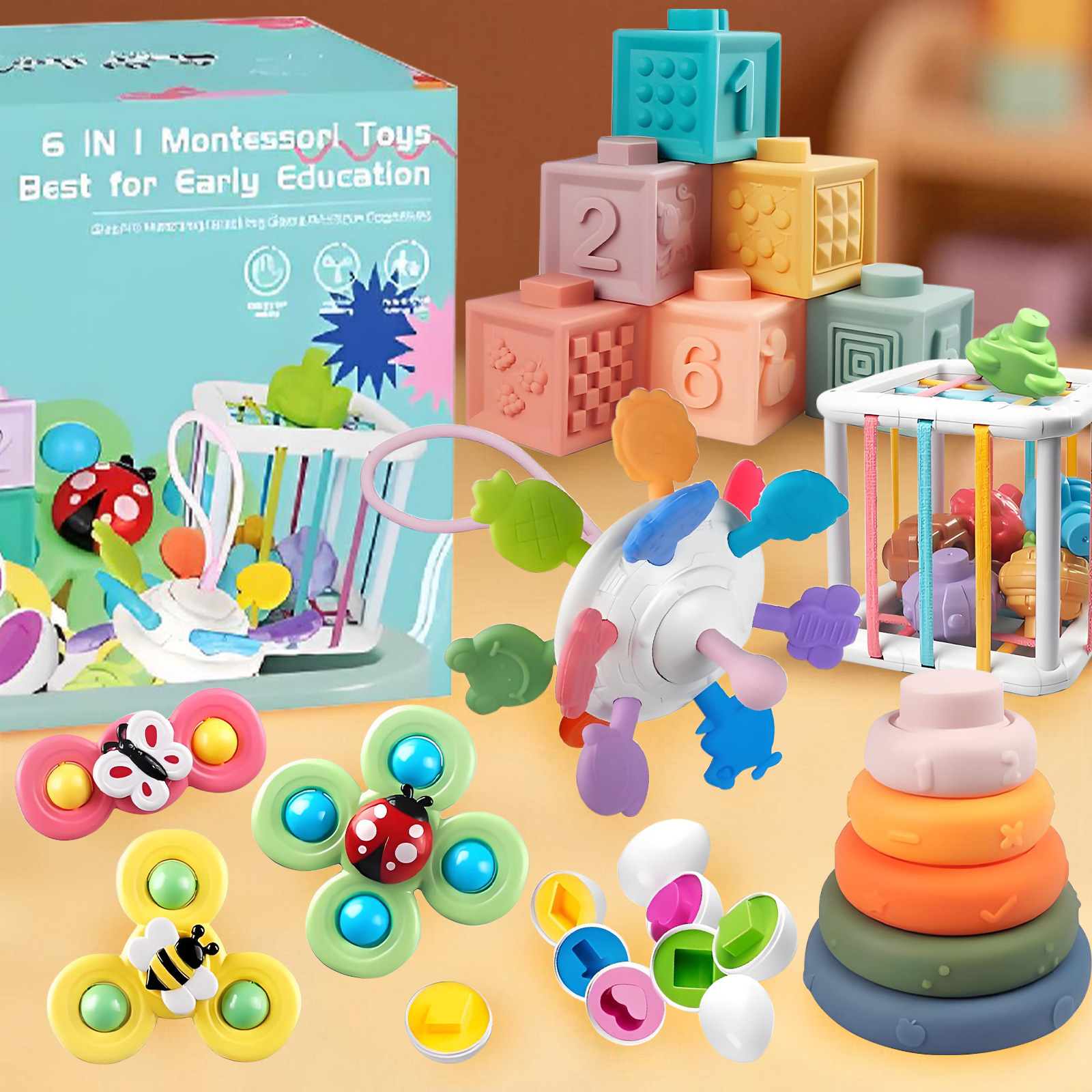 6-in-1 Montessori Baby Toys for 6-12 Months, Pull String Teether, Infant Stacking Blocks, Sensory Storage Bin Teething Toy Gifts for 1 2 3 Year Old Boys Girls