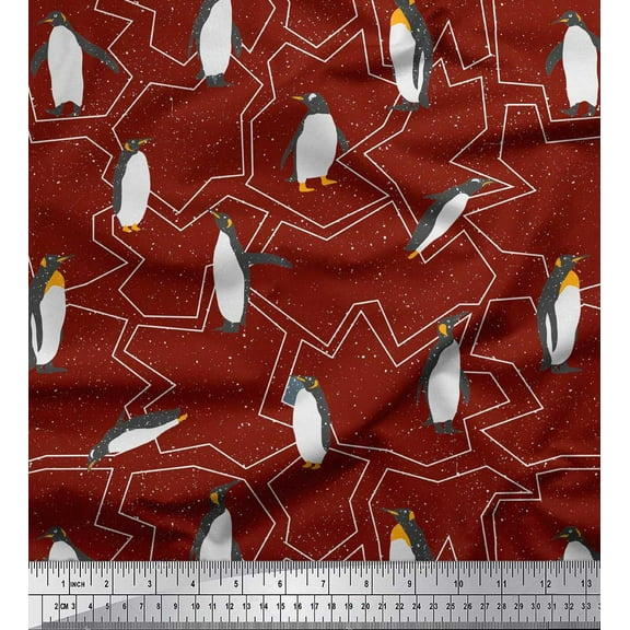 Soimoi Red Cotton Duck Fabric Penguin Ocean Print Sewing Fabric Yard 42 Inch Wide
