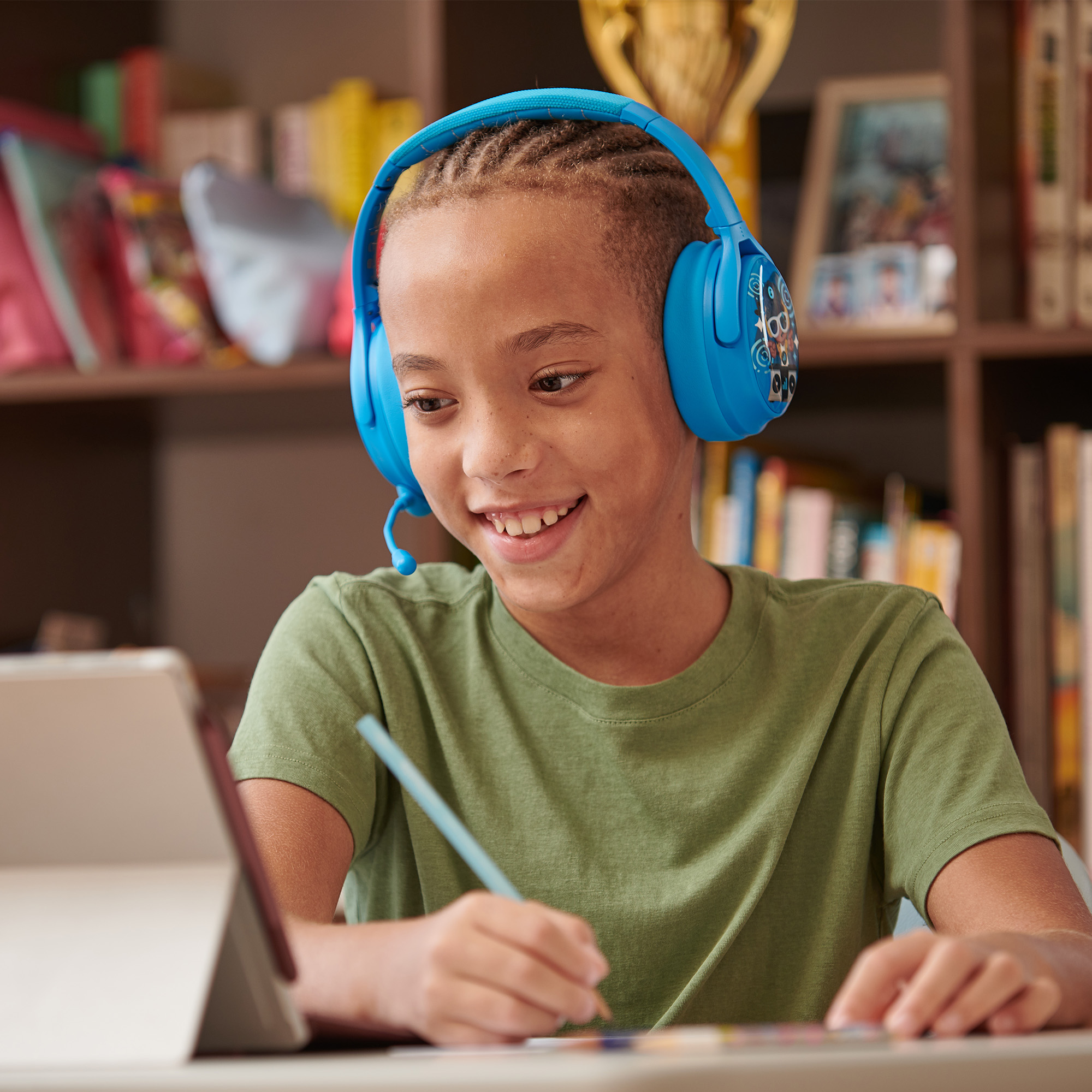 BuddyPhones Cosmos+, Over-Ear Bluetooth Wireless Noise Cancelling Kids Headphones with Detachable Boom Mic, 3 Volume Limiting Settings, Voice Enhance StudyMode, 24-Hrs Battery, Foldable, Cool Blue