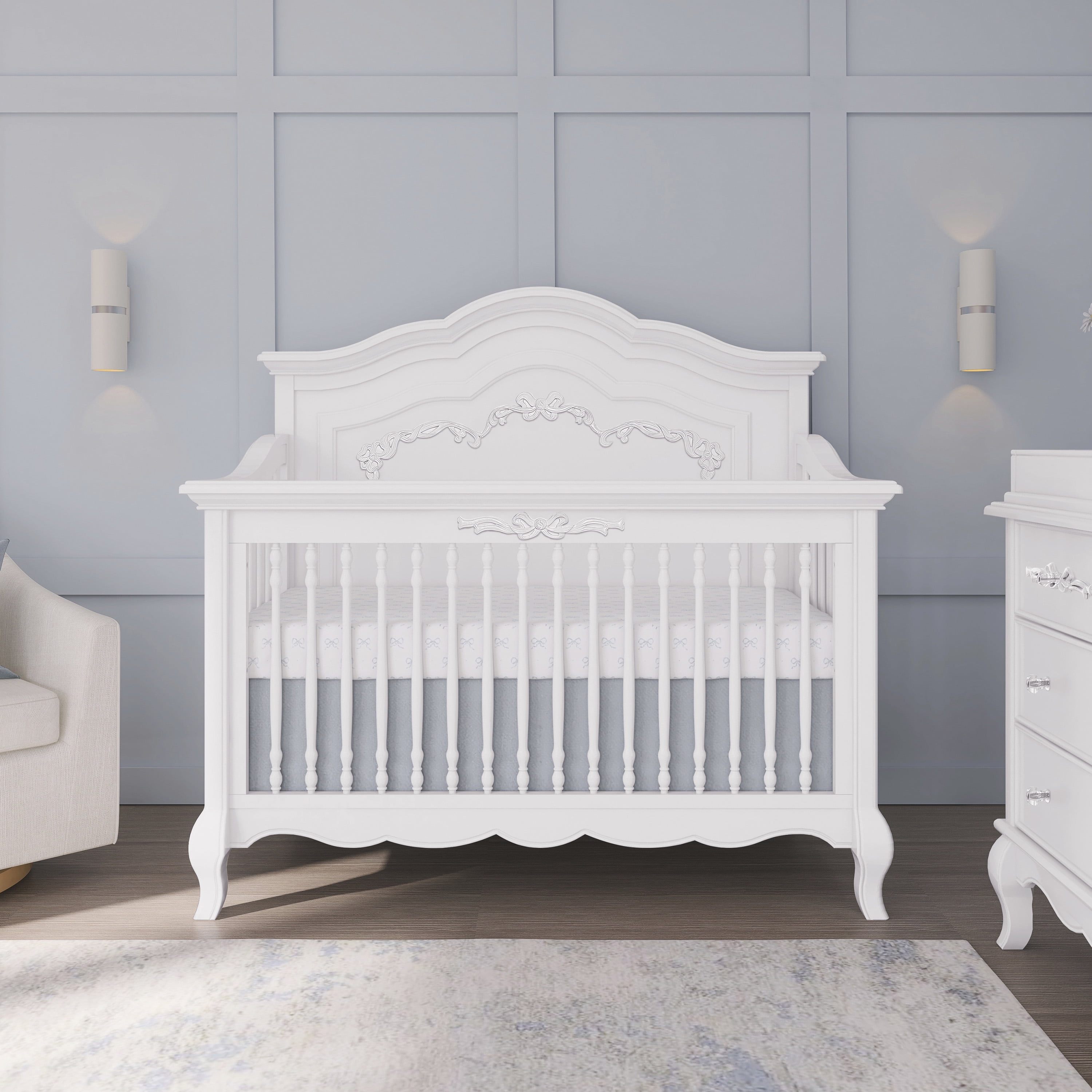 Evolur Aurora 5-In-1 Convertible Crib In Frost , Greenguard Gold Certified, Features 3 Mattress Height Settings, Sturdy And Spacious Baby Crib, Wooden Furniture