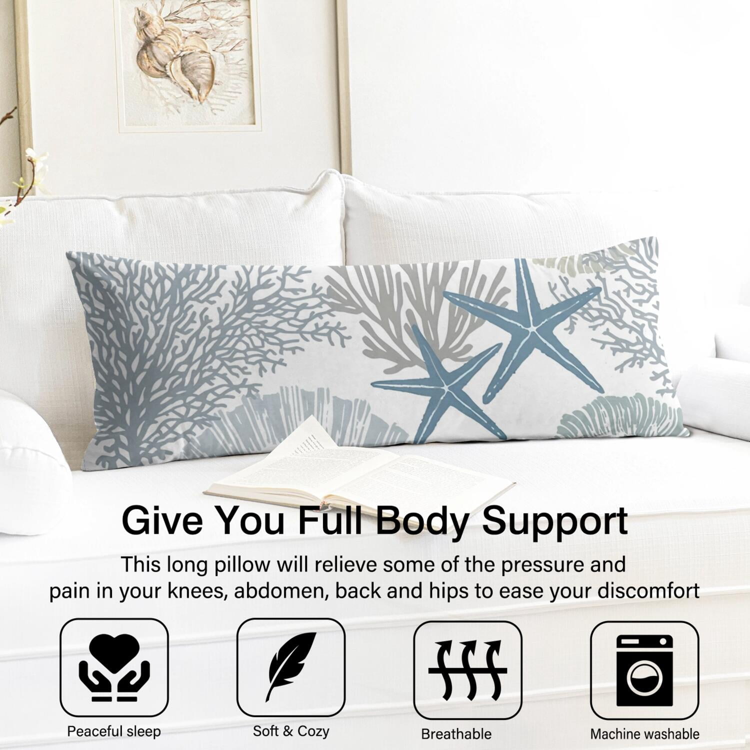 Seaside Themed Body Pillow Cover 20x54 - Full Length Cozy Pillow Case with Hidden Zipper, Stretchy for Sleeping, Maternity - Beach Starfish Tropical Design