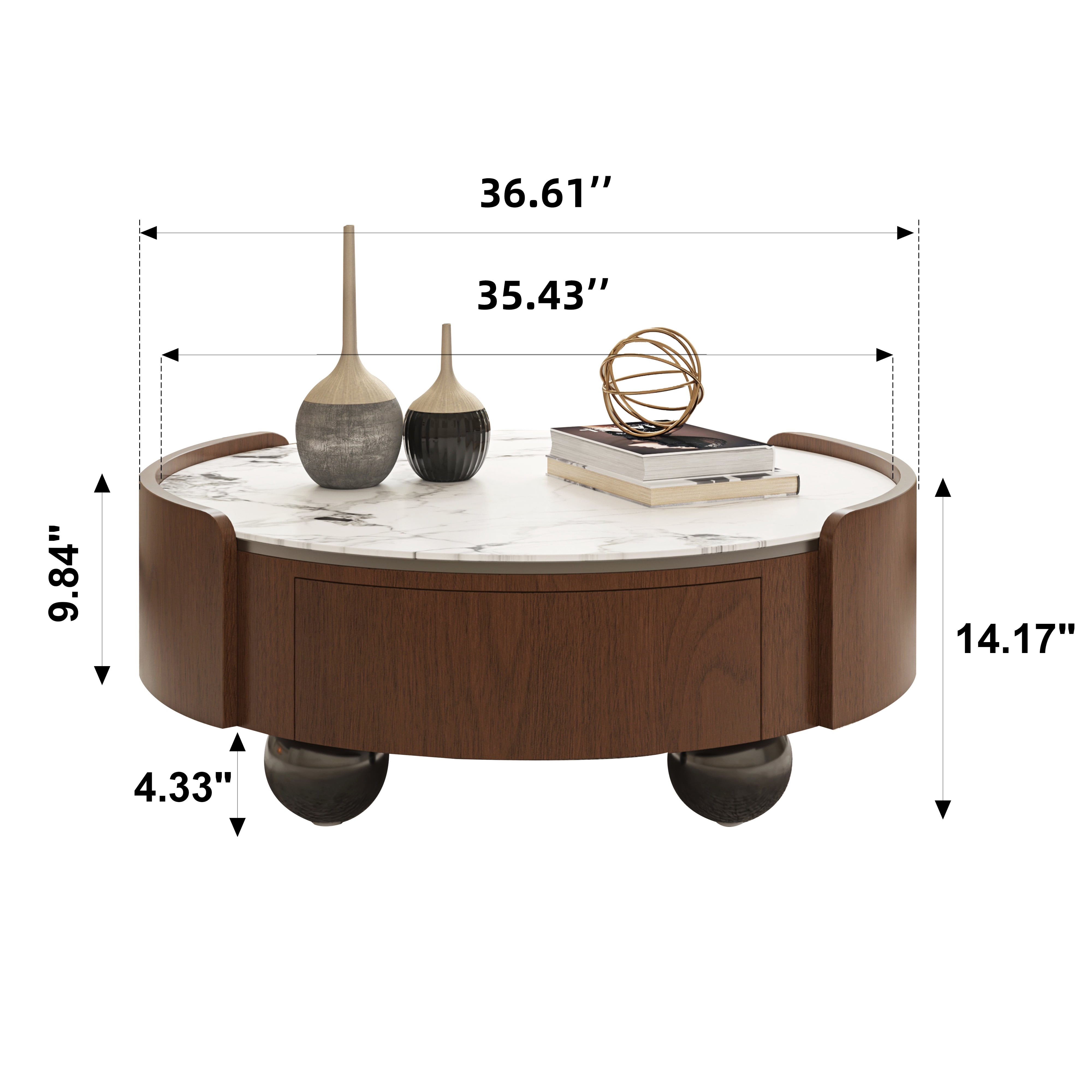 Euroco 35.43" Round Coffee Table with 2 Storage Drawers, Mid-Century Modern Wood Cocktail Table for Living Room,Bedroom Home Office,Walnut
