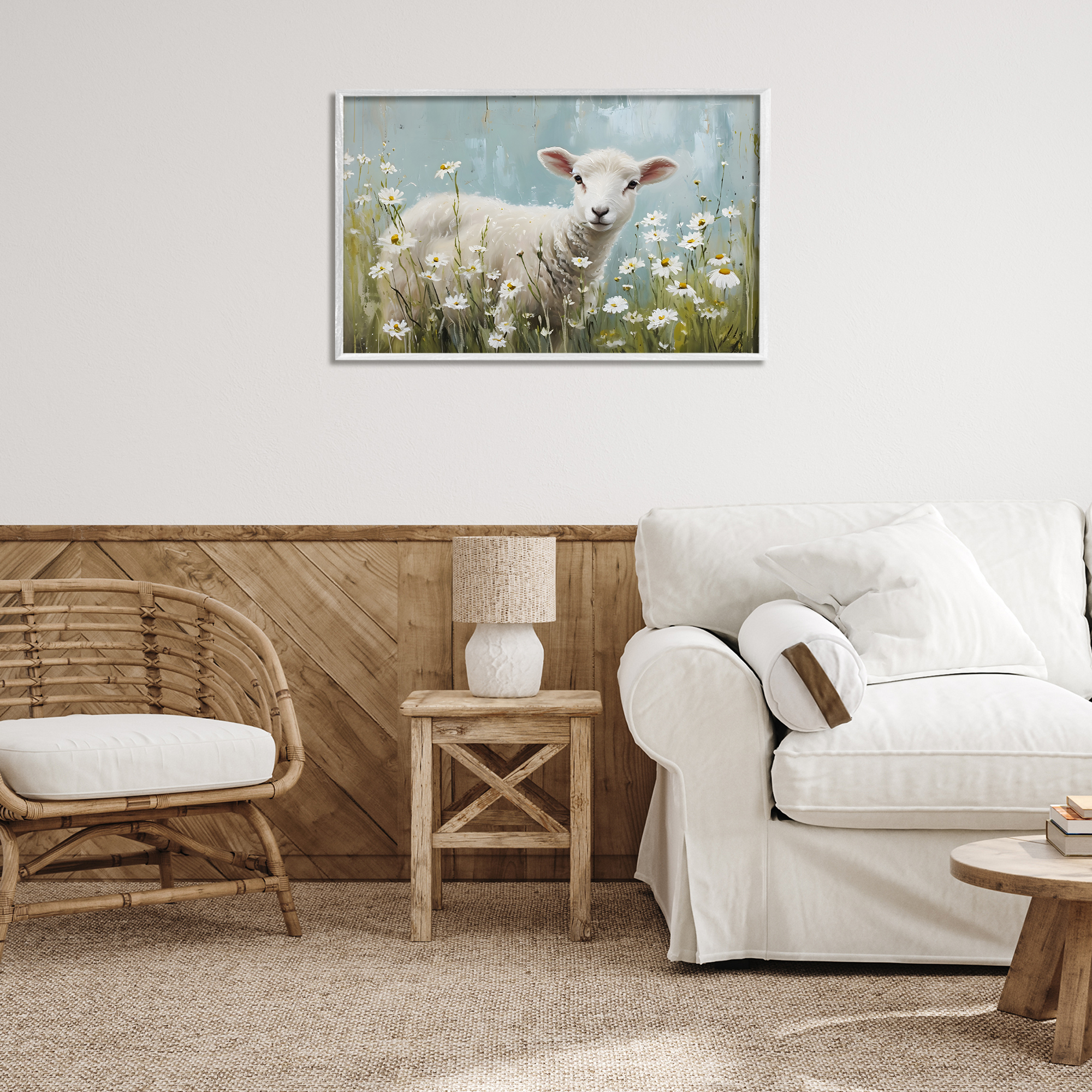 Stupell Industries Lamb Among Daisies Animals & Insects Painting White Framed Art Print Wall Art, 30 x 20