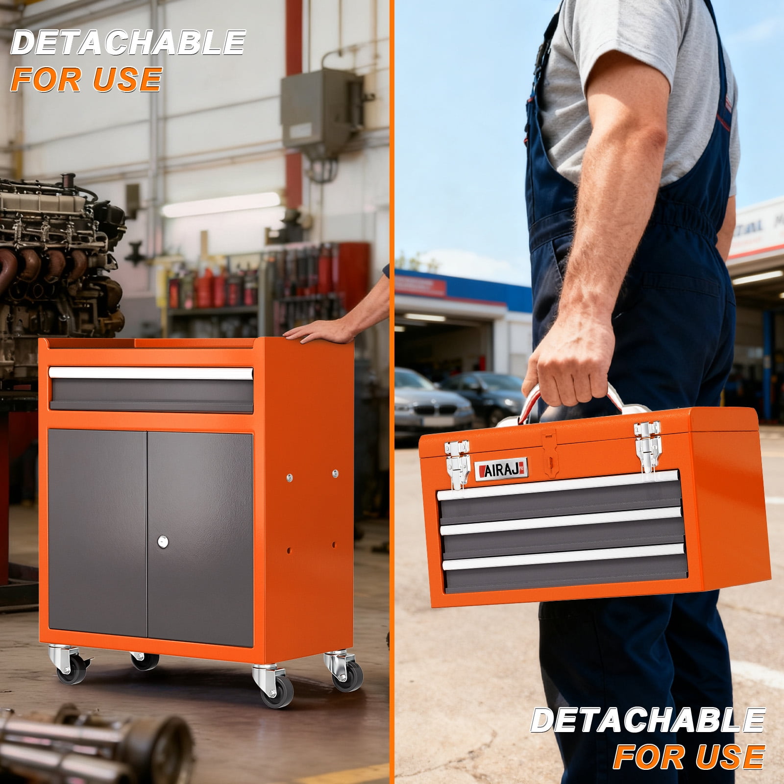 AIRAJ 40" 6-Drawer Rolling Tool Chest | Orange Metal Garage Storage Cabinet with Wheels & Detachable Tool Box Top