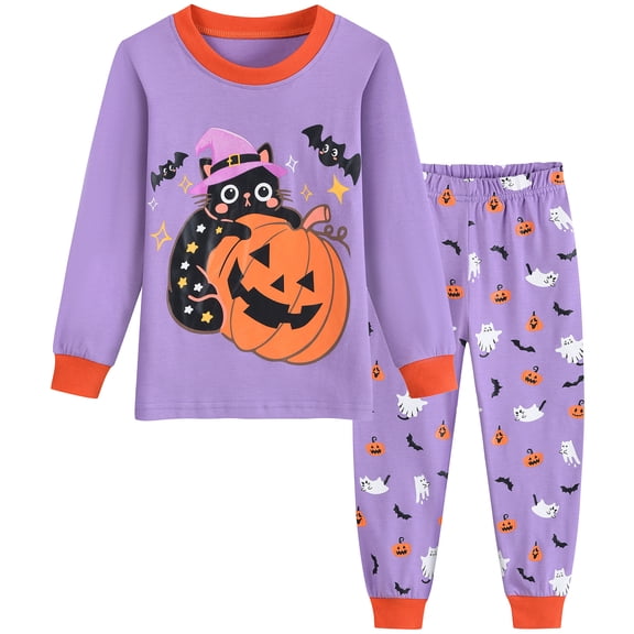 FEDPOP Toddler Girls Halloween Pumpkin Pajamas Kids 2 Pieces Graphic Sleepwear Set Pjs 3T