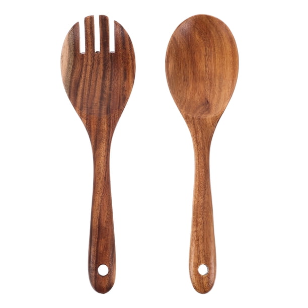Juego de cubiertos de ensalada de madera con mango largo, tenedor y cuchara para mezclar, mezclar y servir ensalada, utensilios de cocina de madera maciza