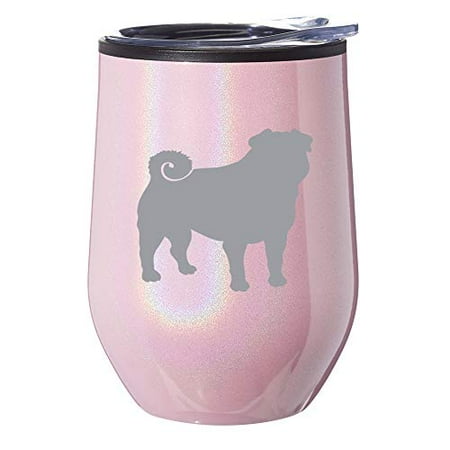 

Stemless Wine Tumbler Coffee Travel Mug Glass With Lid Pug (Pink Iridescent Glitter)
