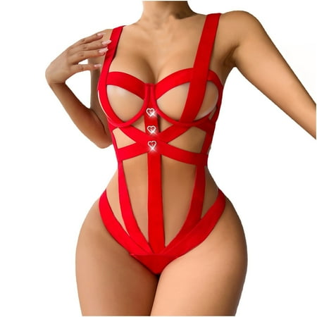 

YYDGH Women s Punk Full Body Harness Lingerie Sexy Garter Belt Set One-Piece Strappy Criss Cross Hollow Out Teddy Bodysuit Red M