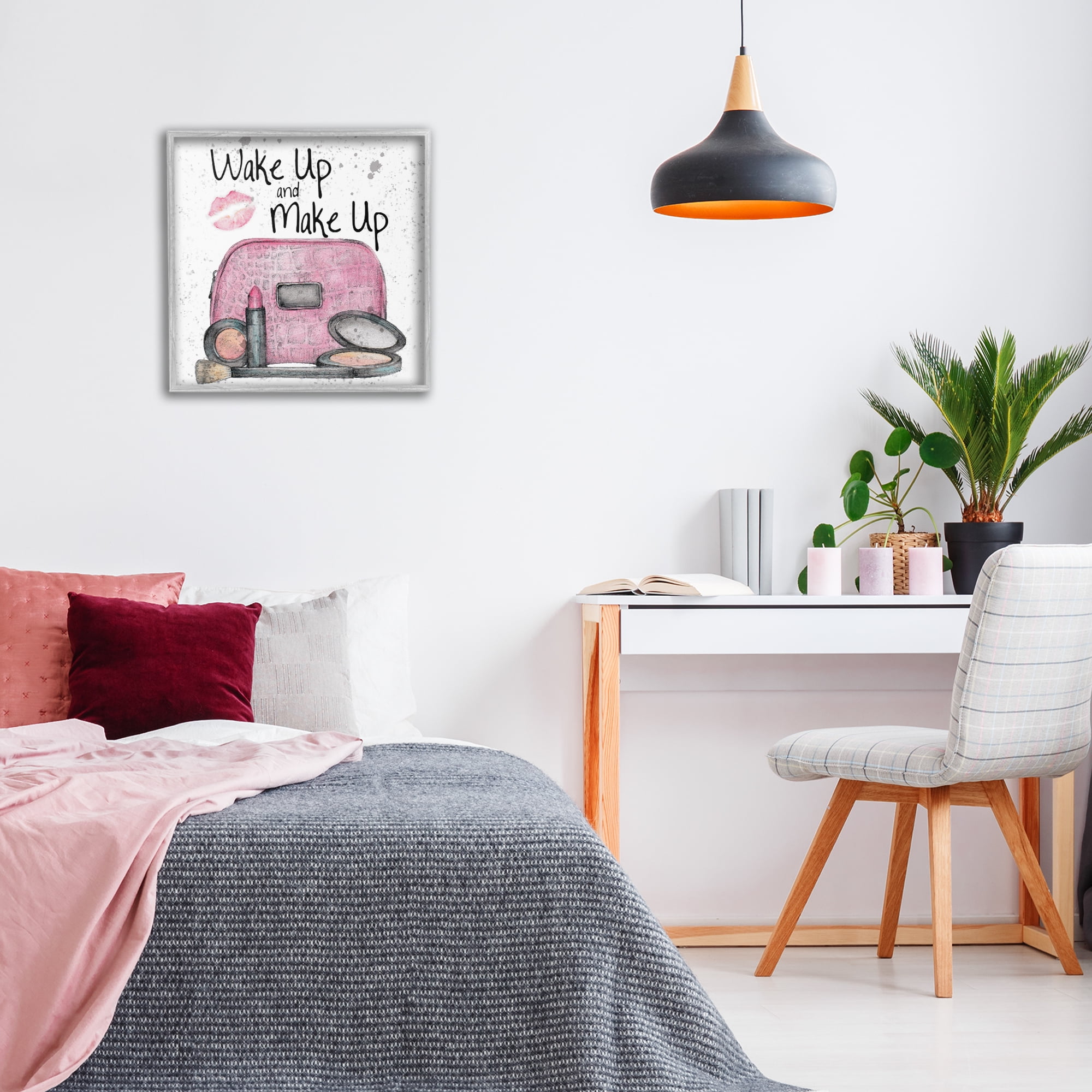 Stupell Industries Wake Up Makeup Phrase Beauty & Fashion Painting Gray Framed Art Print Wall Art, 24 x 24