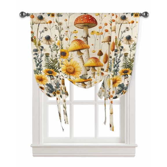 Mushroom Tie Up Curtains for Kitchen Bathroom Bedroom Windows 45 Inch Length, Sunflowers Spring Floral Summer Botanical Balloon Drape Curtains Shade Rod Pocket Drapery Curtain Panel, 42"x45"