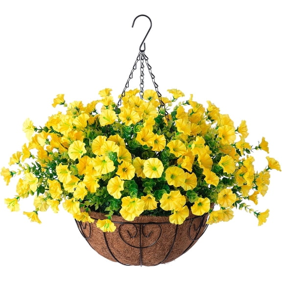 Artificial Fake Hanging Outdoor Plants Flowers with Basket, Faux Yellow Silk Morning Glory Eucalyptus Floral Arrangement Look Real UV Resistant for Outside Porch Patio Balcony Home Decor
