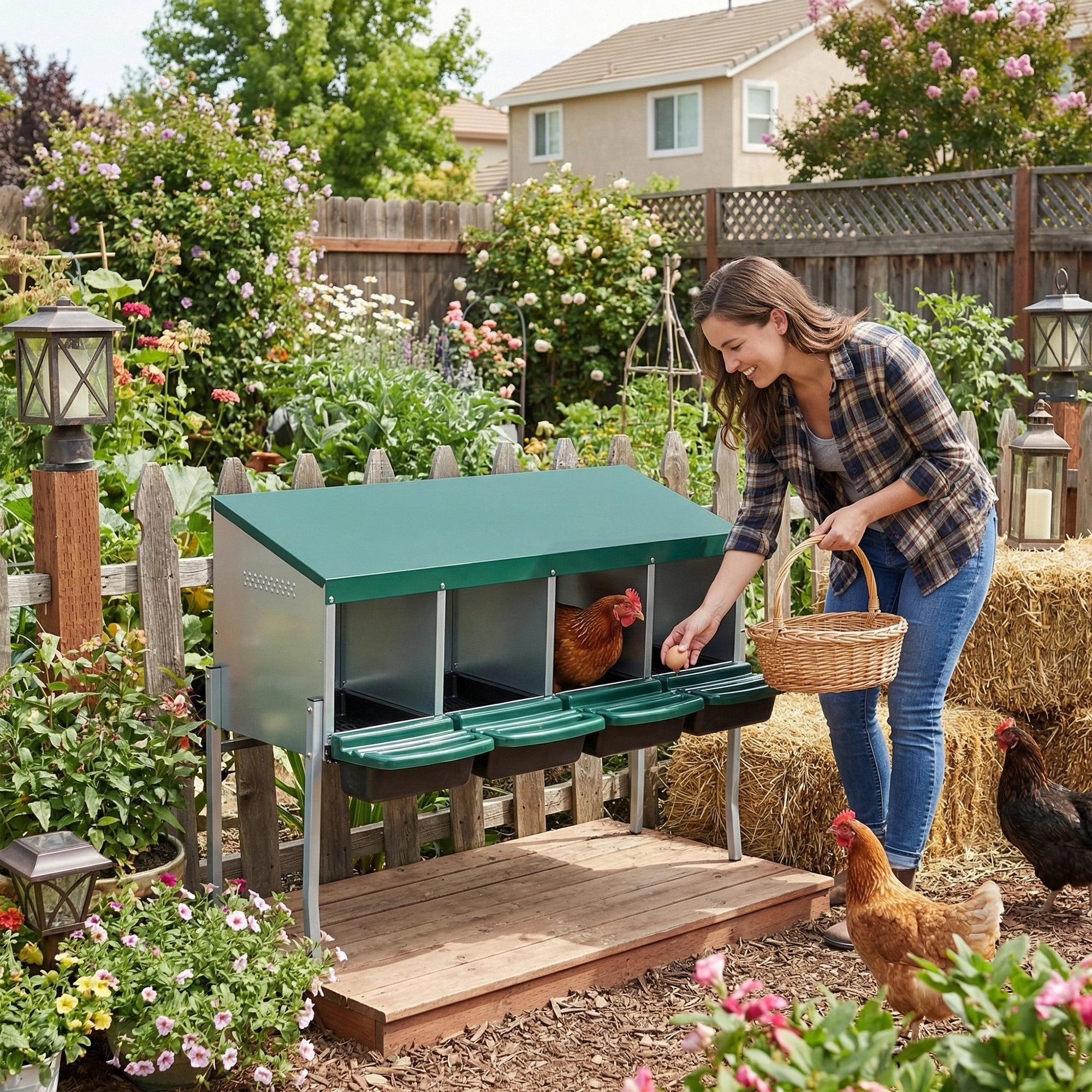 4-Hole Chicken Nesting Box with Legs & Lid Cover, Galvanized Steel Freestanding & Wall-Mount Egg Laying Box, Green Poultry Nest Box for Coop Farm
