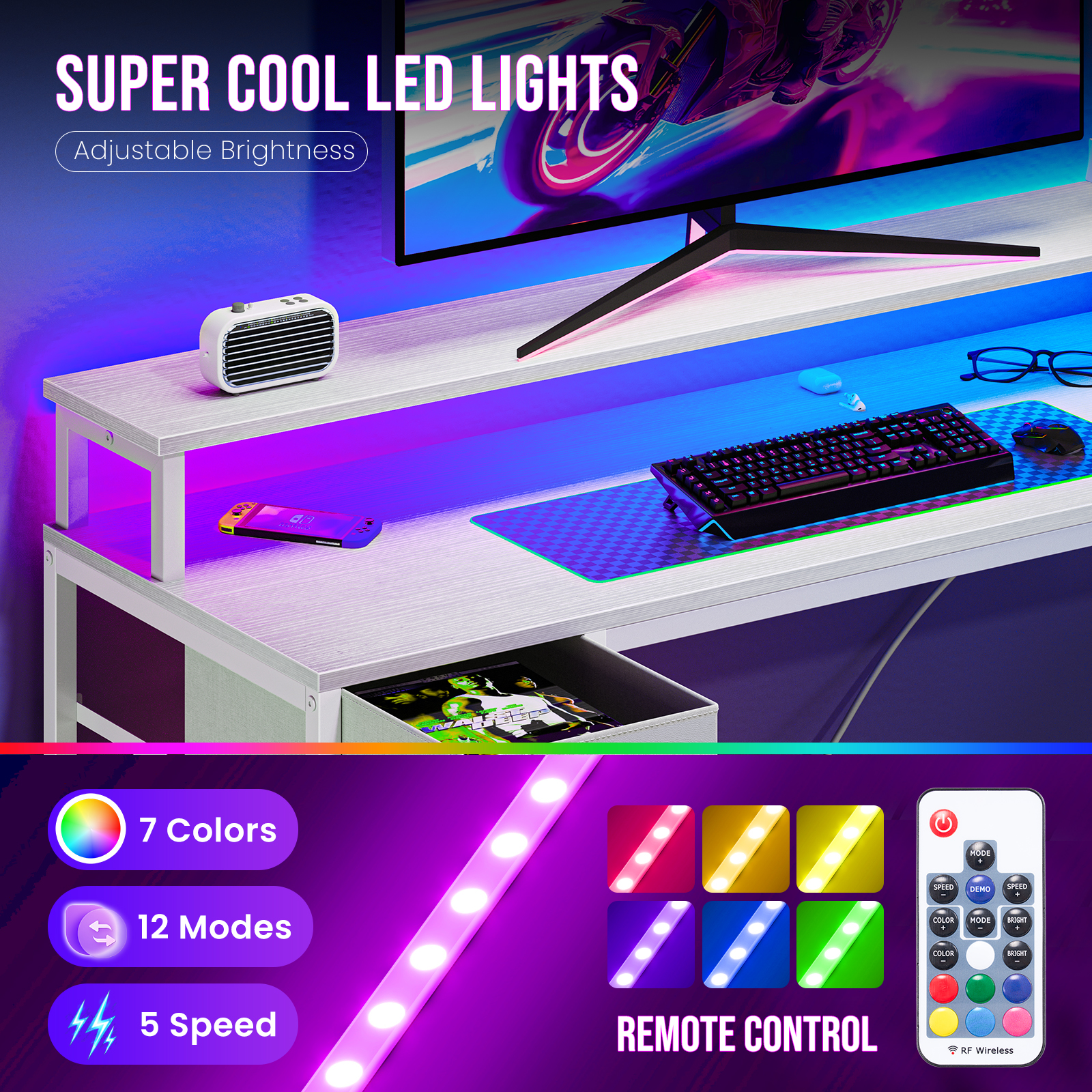 Sweetcrispy 47" L Shaped Computer Gaming Desk with USB Charging Ports & LED Lights, Reversible Corner Table with Power Outlets Monitor Stand for Home Office, White