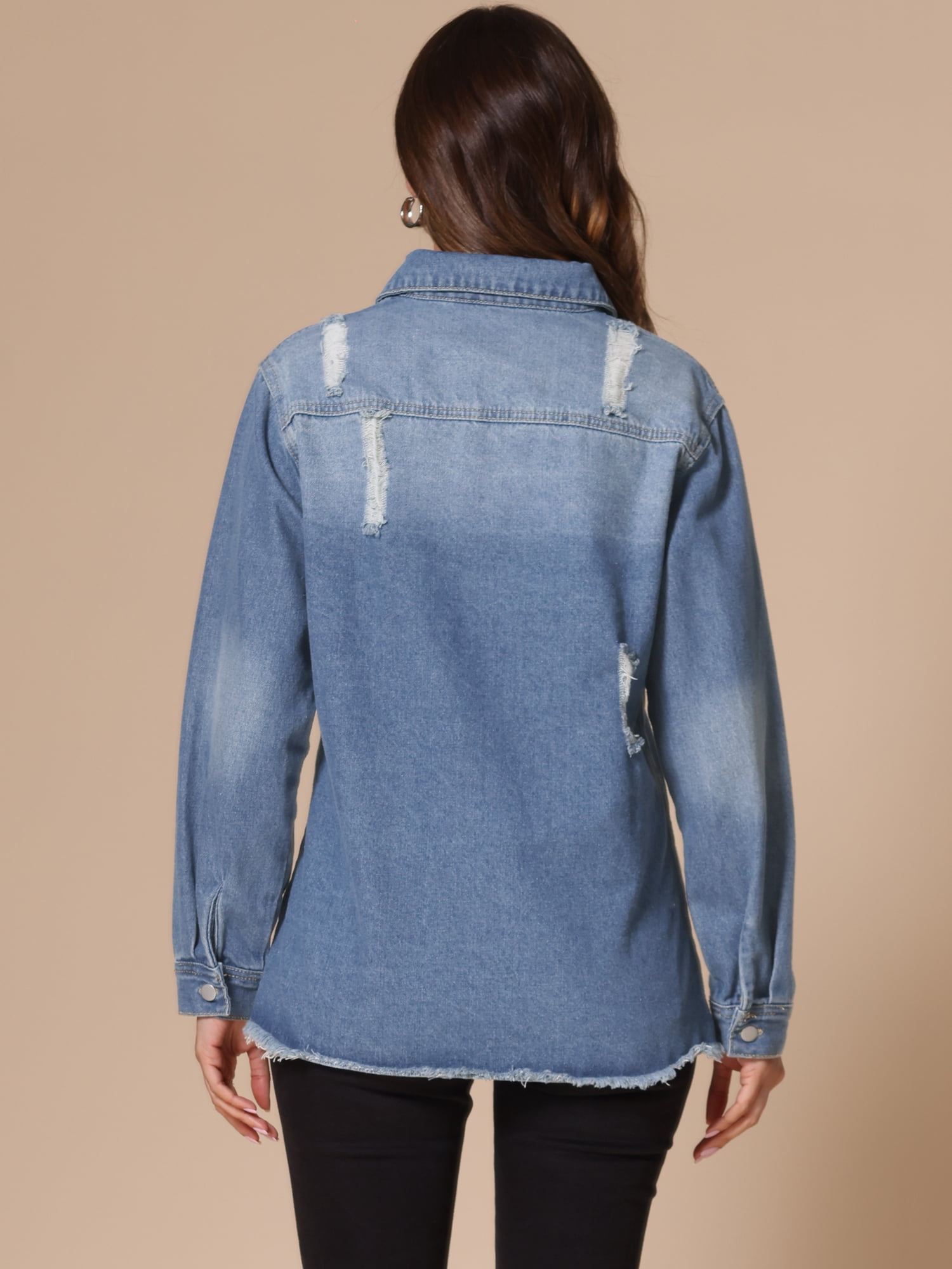 DARING DIVA Women's Frayed Hem Ripped Distressed Denim Jacket M Blue
