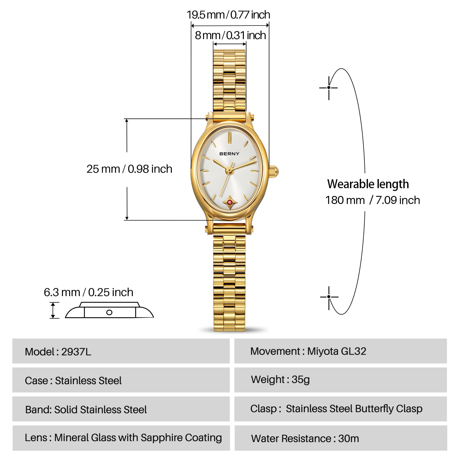 BERNY Small Gold Watches for Women, Dainty Luxury Oval Sunray Dial, Stainless Steel Bracelet Watch, Adjustment Tool Included, Waterproof, Fashion Ladies Analog Quartz Wrist Watch Gifts (White)