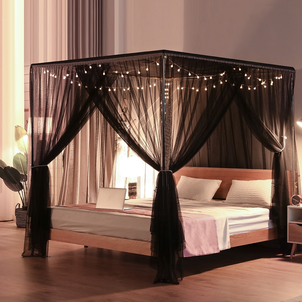 Mosquito Net For Bed 4 Corner Bed Canopy Easy Home Princess Bed Canopy Curtain For Girl Beds Kids Bedroom,Black,King