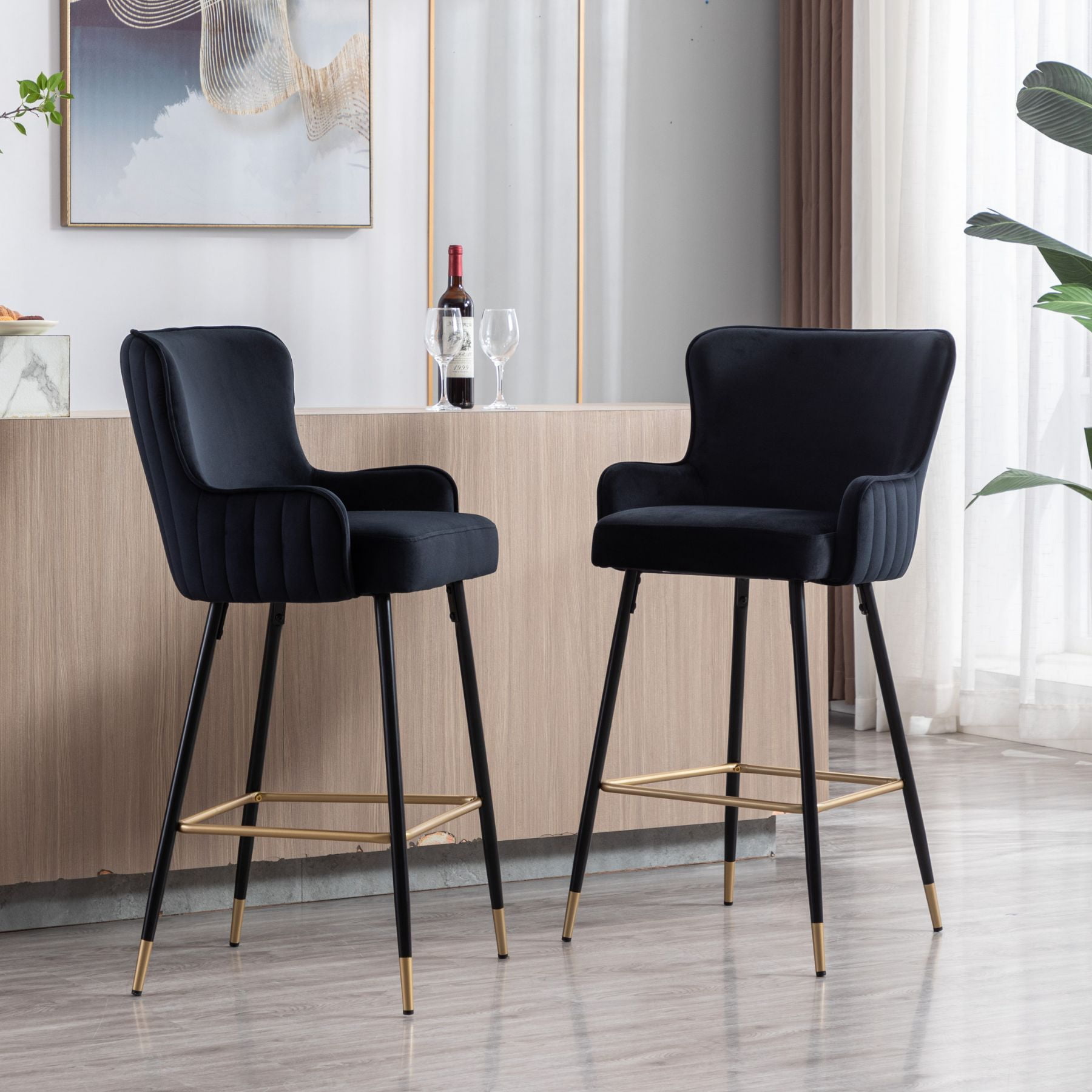 Dayalane 30" Velvet Bar Stools Set of 2, Modern Wingback Counter Height Stools with Gold Footrest for Kitchen Island, Dining Room, Home Bar, Black