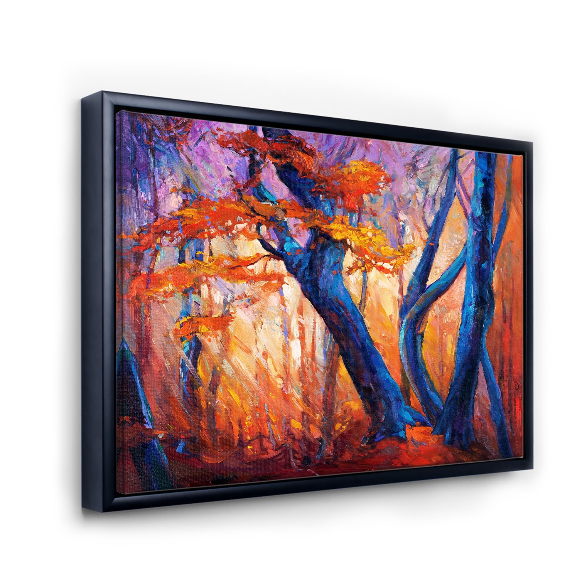 Abstract Blue Silhouettes Of Trees In Orange Autumn Forest 40 in x 30 in Framed Painting Canvas Art Print, by Designart
