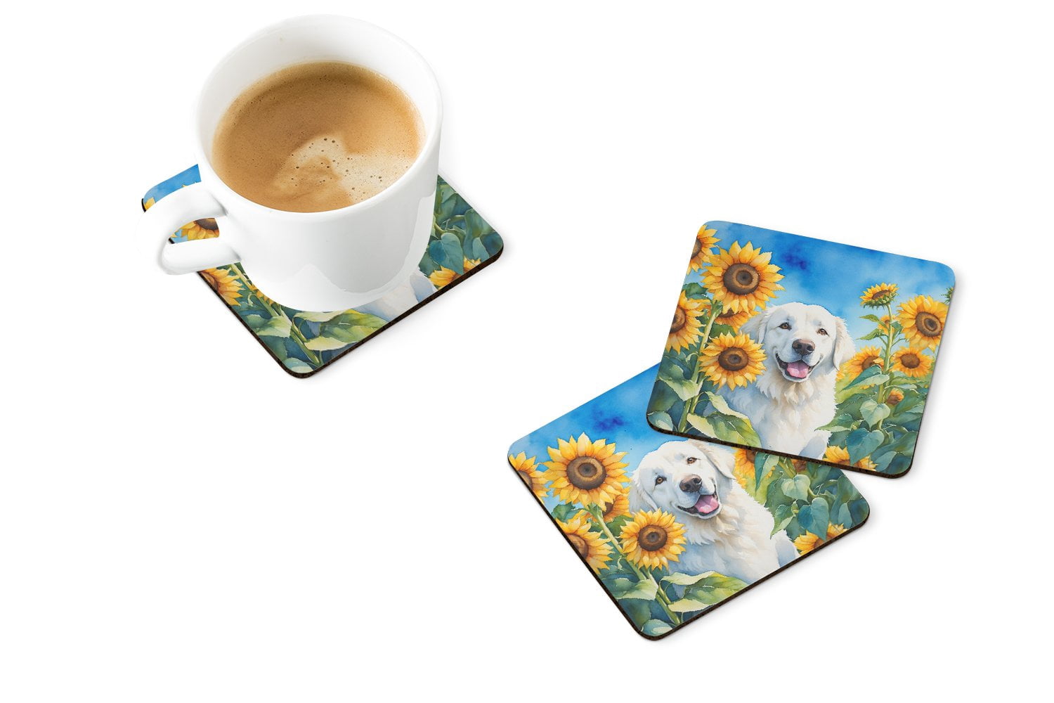 Kuvasz in Sunflowers Foam Coasters 3.5 in x 3.5 in