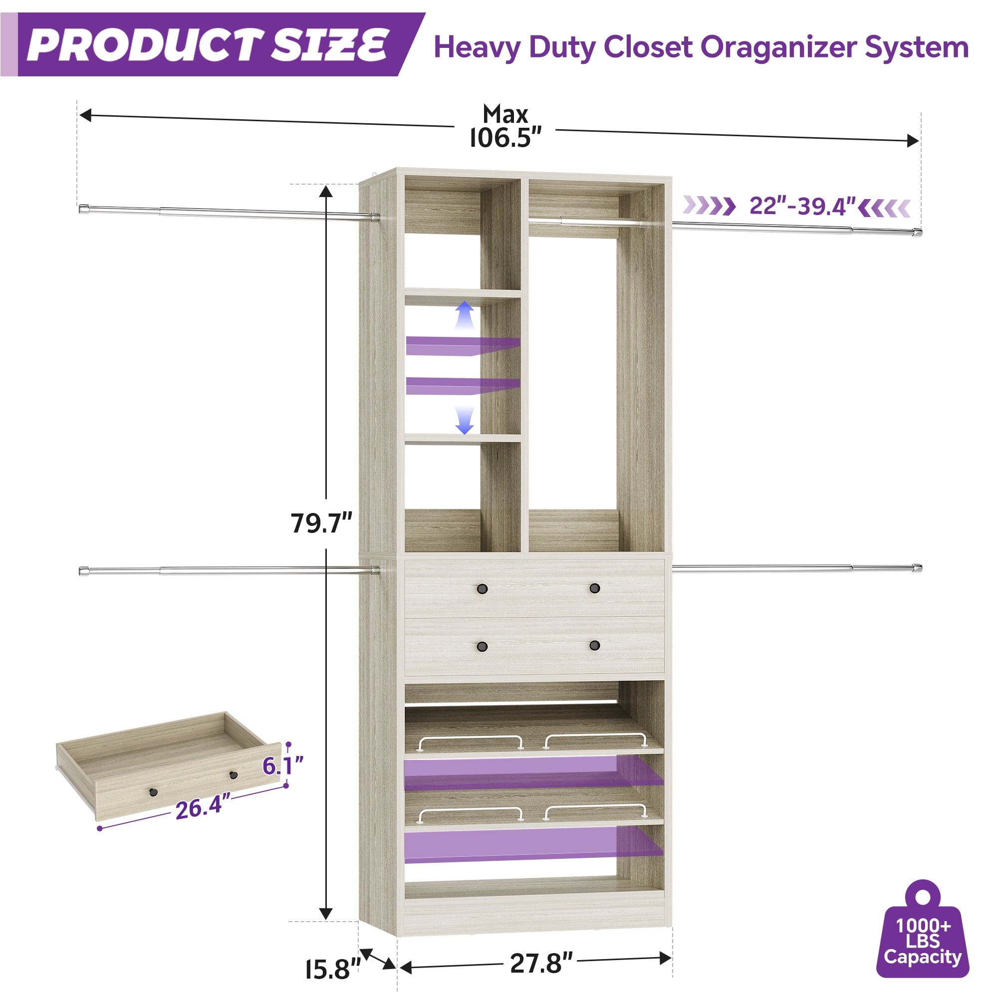 Homieasy Closet System, 2.4–8.8 FT Closet Organizer System with 2 Drawers, 5 Hanging Rods and Shoe Racks for Walk-in Closet, Bedroom, White Oak