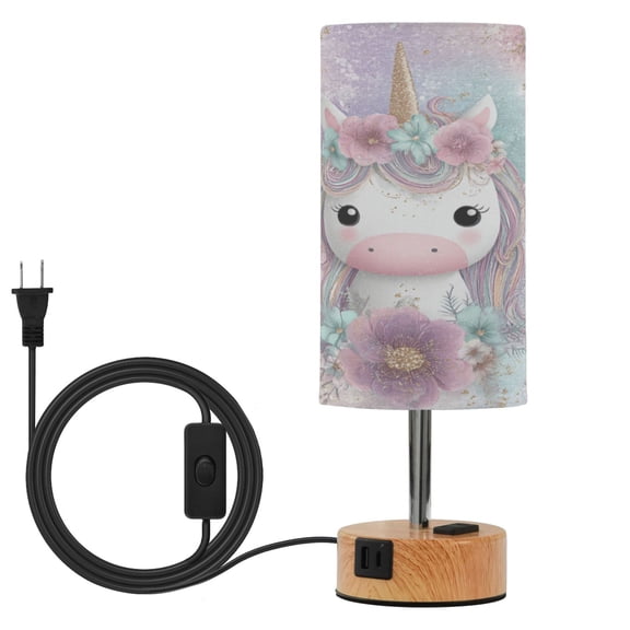 Wobogo Cute Unicorn Bedside Lamp Touch Control Table Lamp with USB A C Charging Ports & AC Outlet 3-Way Dimmable Nightstand Lamp with Linen Fabric Shade for Bedroom Living Room