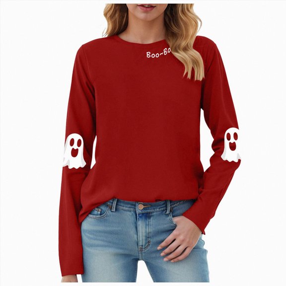 Kakishop Halloween Tshirts Women Sweatshirts Halloween Ghost Sweatshirt Women - Halloween Graphic Crewneck Tops Casual Sweater (Red,3XL)
