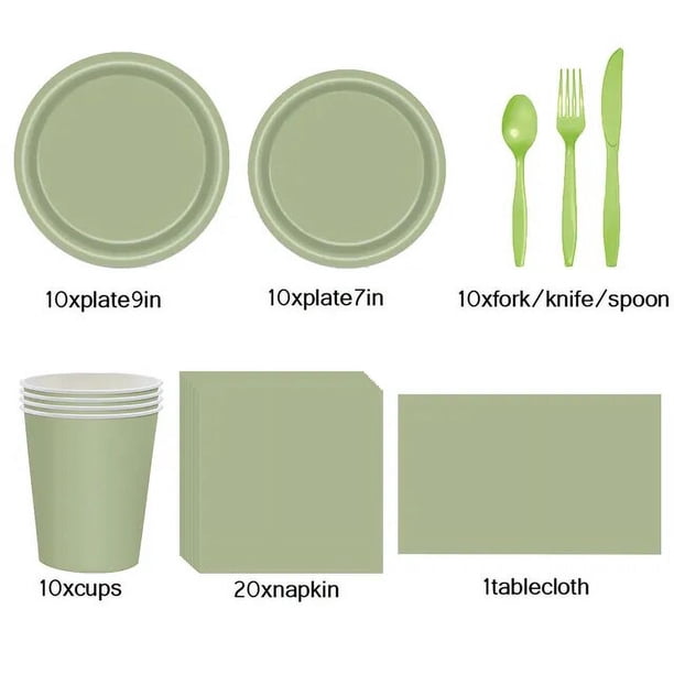 Vajilla desechable de Color verde salvia para fiesta, plato de papel, vaso de papel tisú, cuchillo, tenedor, cuchara, suministros para fiesta de niños
