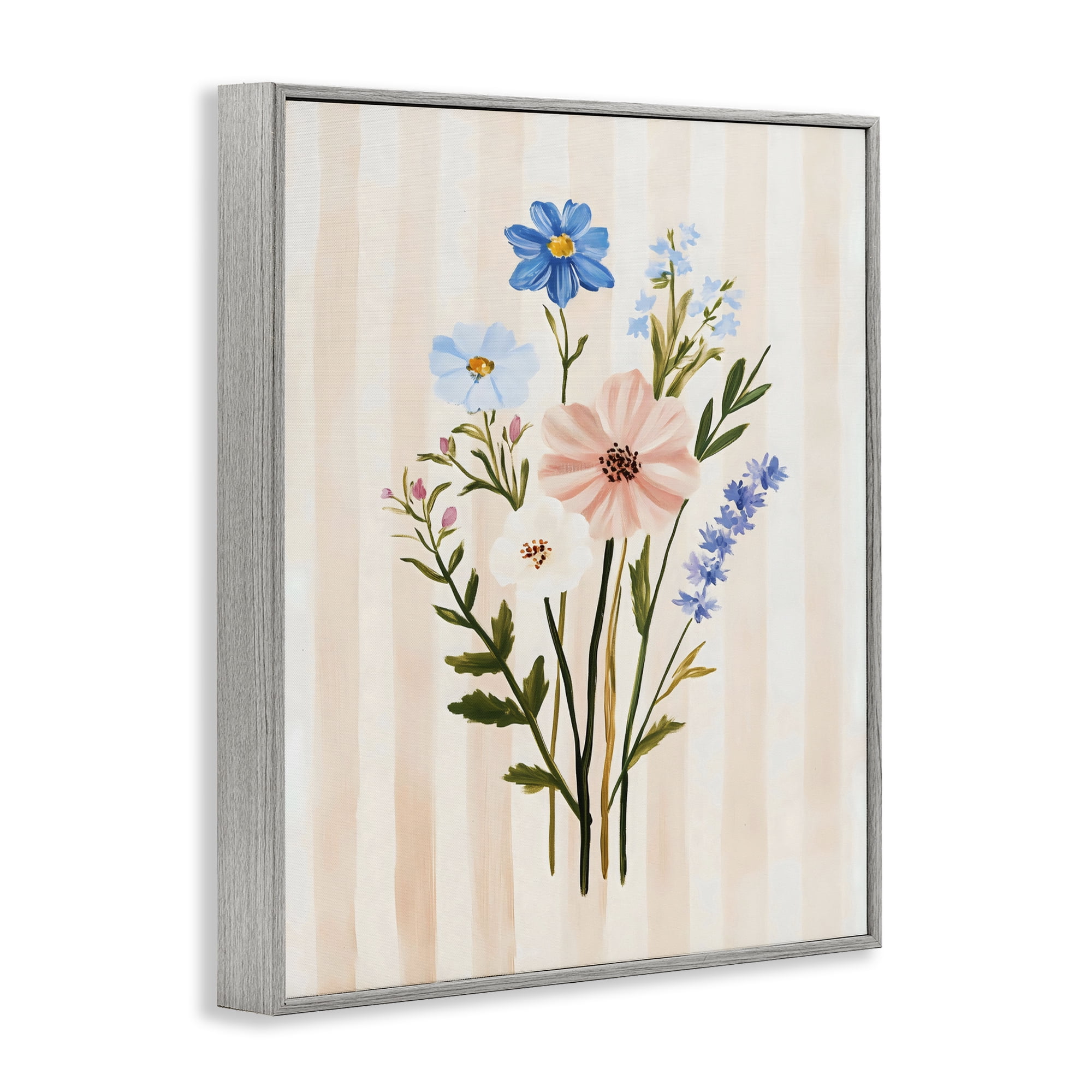 Stupell Industries Cream Stripe Florals Gray Framed Giclee Art, design by The Prints Vibe