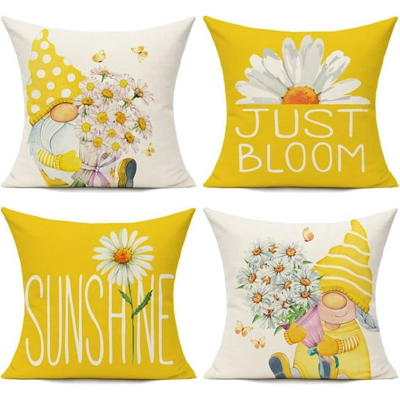 Outdoor Yellow Throw Pillow Covers 18x18 Set of 4 Spring Summer Decorative Cushion Cases Home Décor Decorations for Patio Couch Chair Sofa,Daisy Floral Gnomes