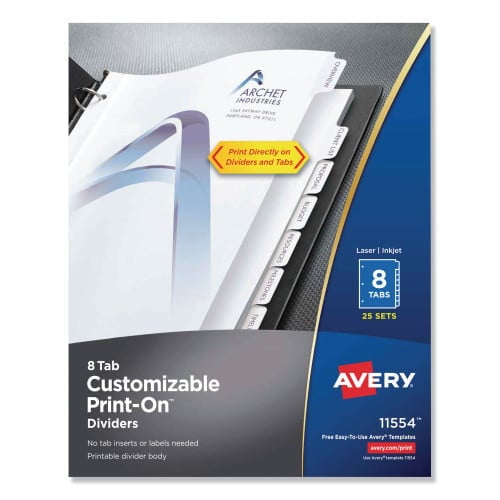 Avery Customizable Print-On Dividers, 8 Tabs, White, 25 ST/PK