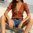 thumbnail image 2 of Short Sleeve Women V-neck Solid Button Down Knit Cardigan Tops, 2 of 6