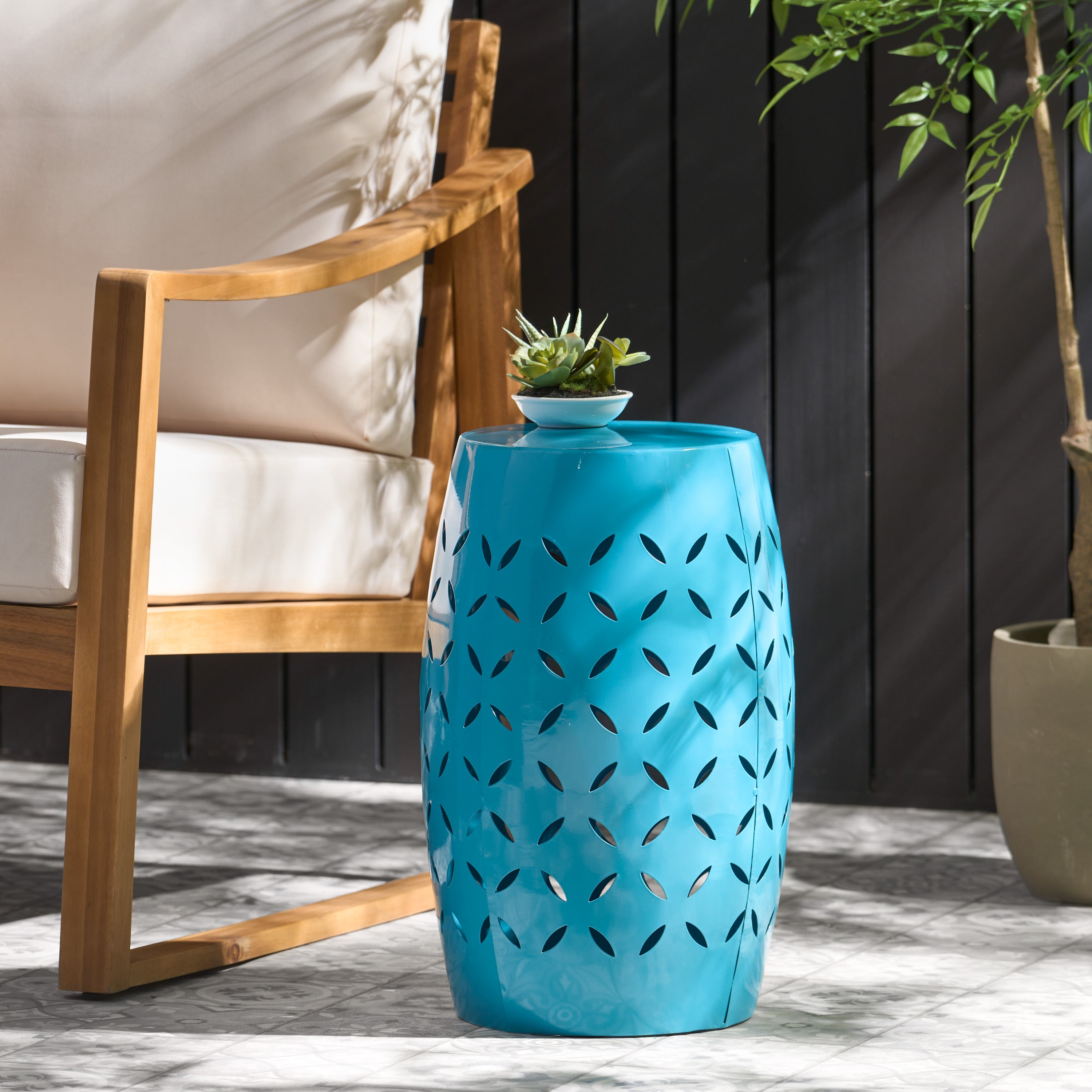 Accent Side Table 12 Inch, Outdoor Cylindrical Design End Table for Patio Balcony, Blue