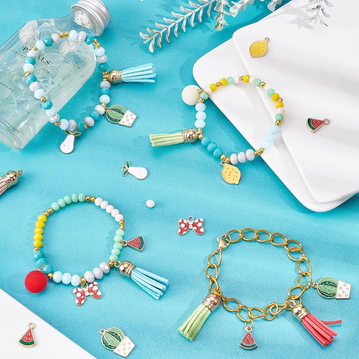 1 Box Enamel Fruit Charms Faceted Glass Beads Bulk Cable Chain Beading Bracelet Making Kit Rondelle Glass Bead Suede Tassels for Jewelry Making Elastic Thread Necklace Supplies Beginners Multi-color