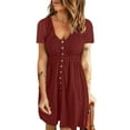 thumbnail image 2 of Robes d'Été pour Femmes Manches Courtes Col en V Solide Mini Robe Courte Décontractée Ample Boutonnée Froncée Robe t-Shirts, 2 of 5