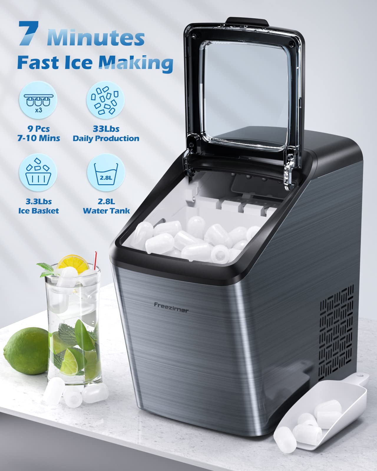 Portable Ice Maker Machine Making Bullet Ice Cubes 26 lbs/24 hrs, Qual —  zambeyzi