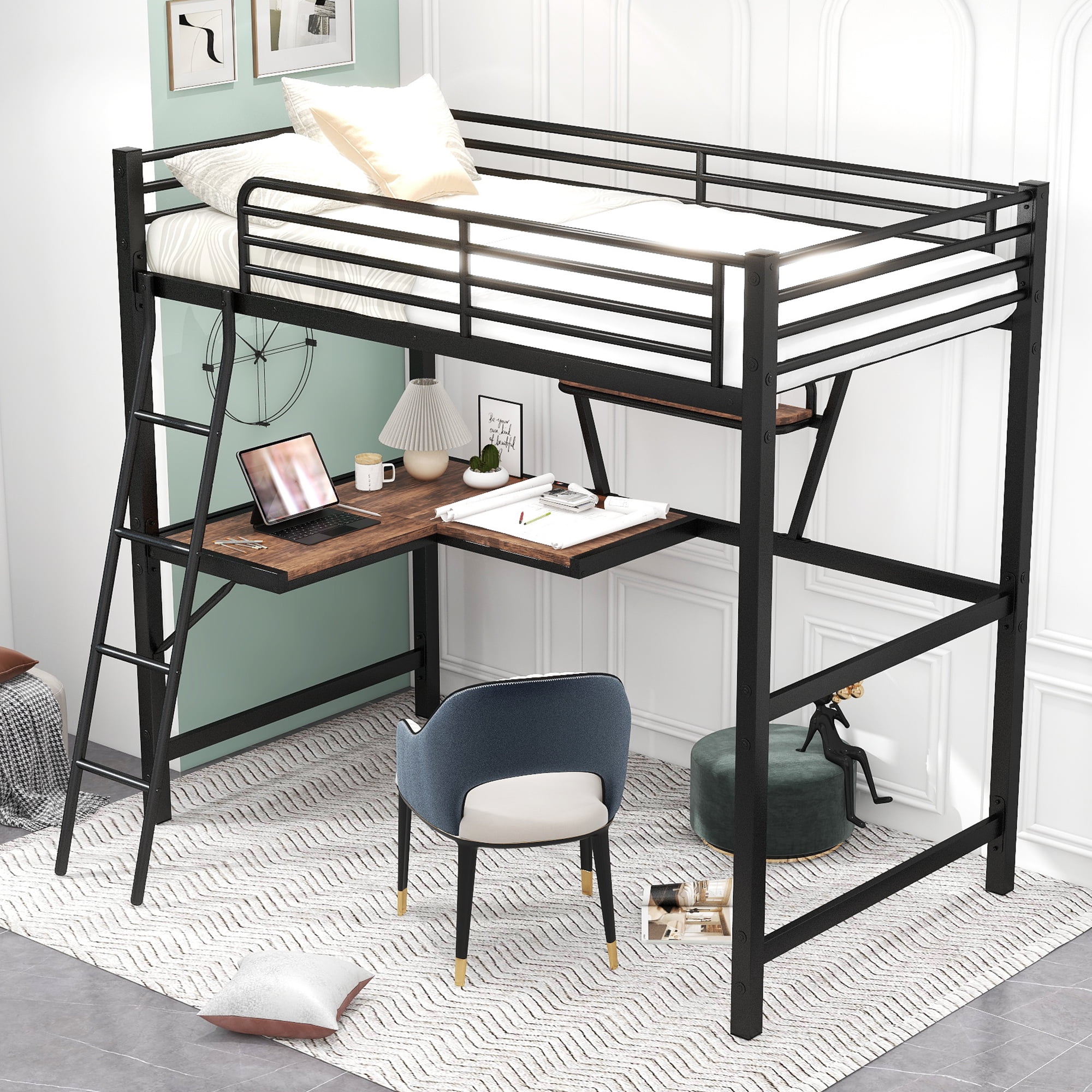 Aukfa Metal Twin Loft Bed with Built-in Desk and Shelf for Dormitory Kids Bedroom - Black