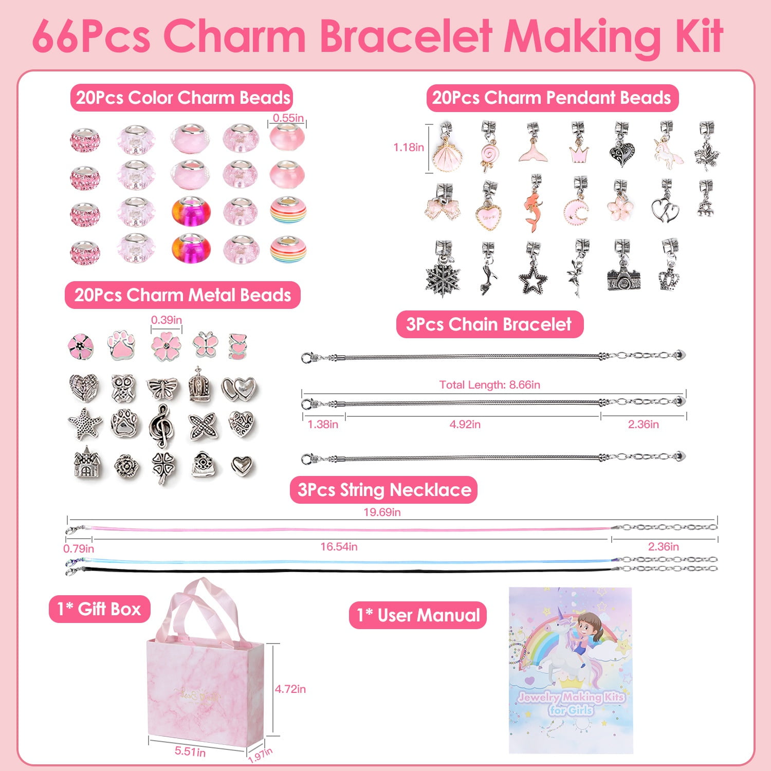 DIY Charm Bracelet Making Kit 66Pcs Jewelry Making Kit Perfect Crafts Gifts Birthday with Gift Box for Girls  5 6 7 8 9 10 11 12 Years Old Red