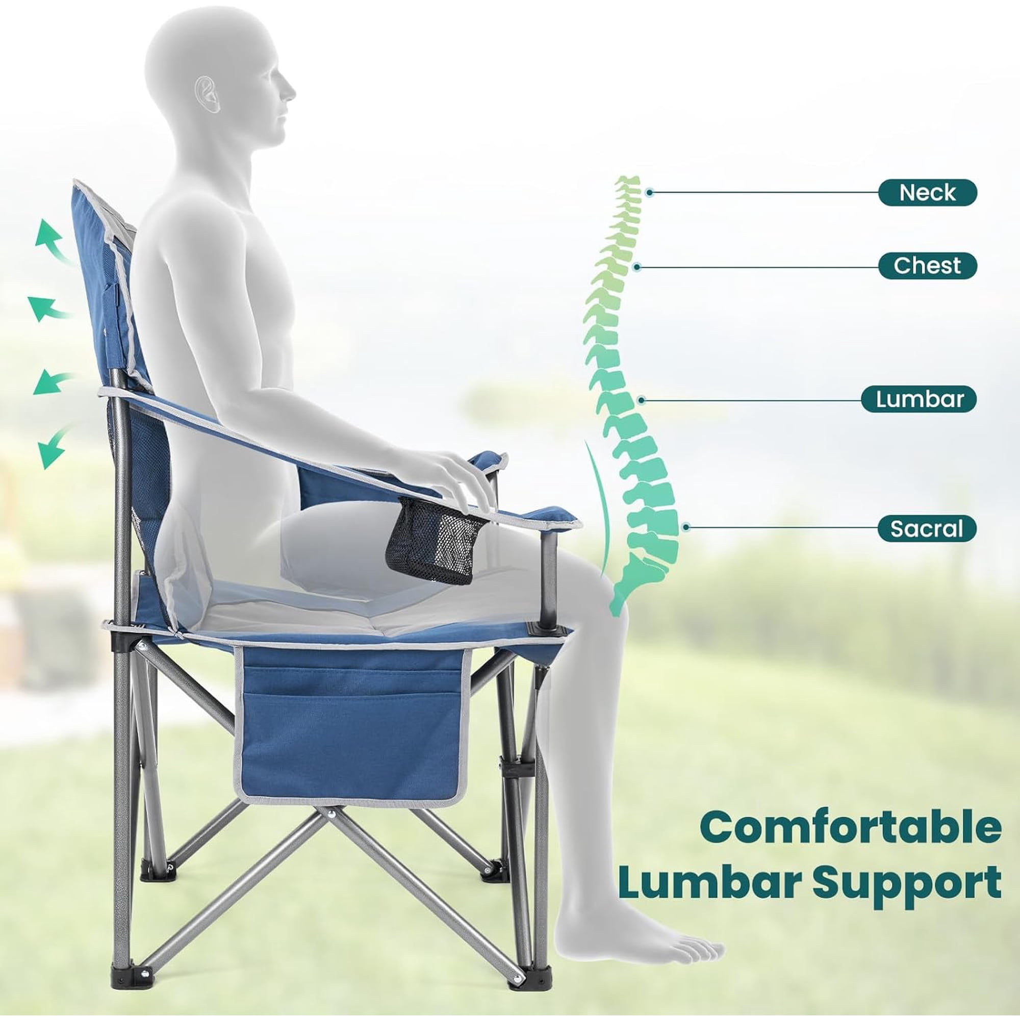 2 PCS Oversized Camping Chair, Folding Chairs with Padded Back and Armrest, Steel Frame with Cooler Bag, Storage Netting Cup Holder, Blue