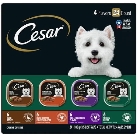 (24 Pack) CESAR Soft Wet Dog Food Classic Loaf in Sauce Poultry Variety Pack, 3.5 oz. Easy Peel Trays with Real Chicken, Turkey or Duck