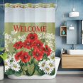 thumbnail image 2 of No Hook Shower Curtain with Snap in Liner, Welcome Words Red Flower Waterproof Fabric Bathroom Curtain Mesh Top Window, Retro Floral on Green Shower Curtains 72x84in, 2 of 9