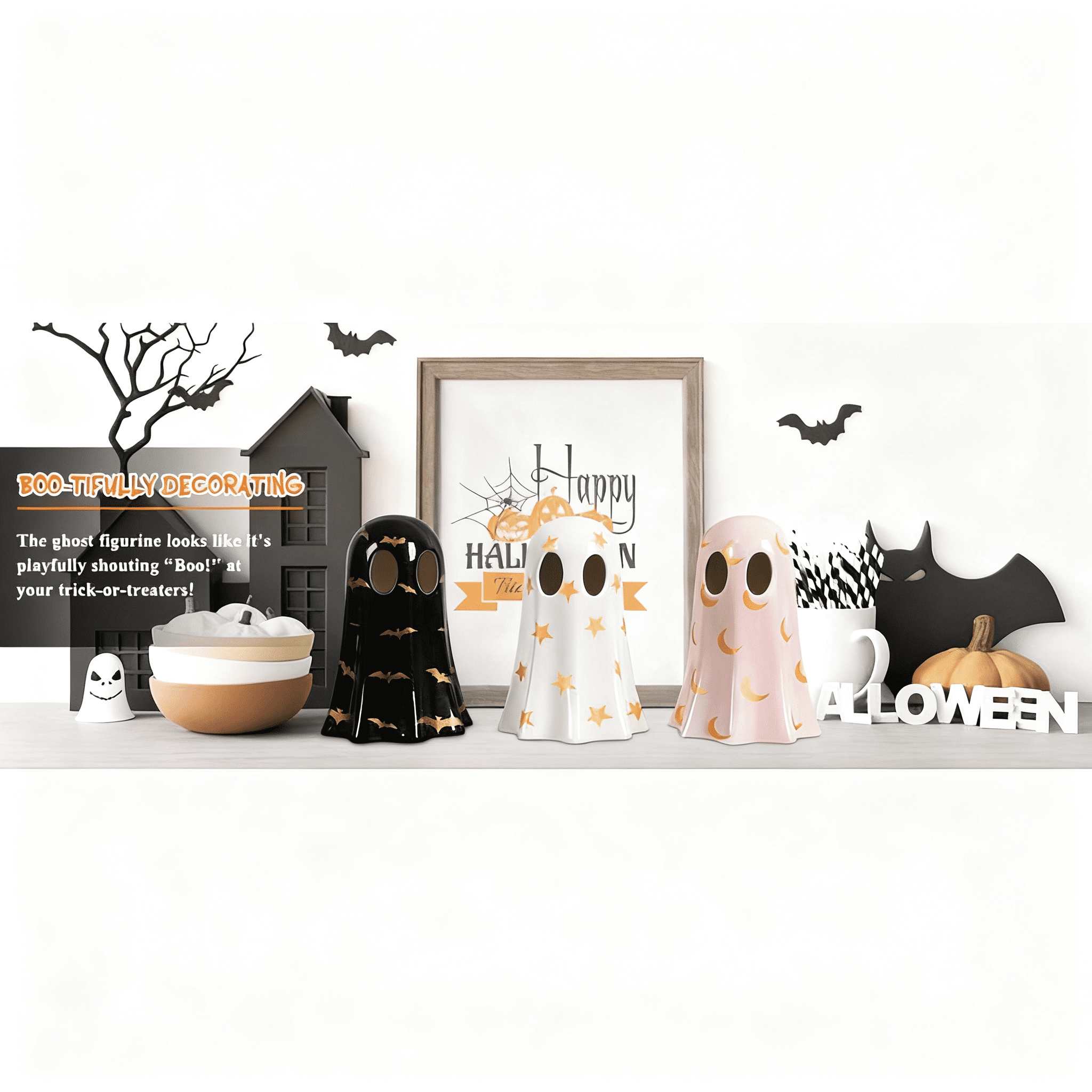 Set of 3 Ceramic Ghost Figurines with Witch Hats for Halloween Table Decor