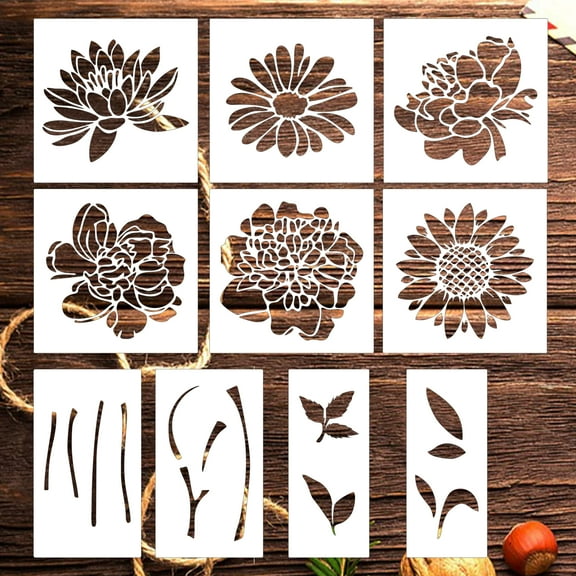 Large Flower Stencils Set, 10 Pieces, 12 x 12 Inch DIY Art Templates for Walls, Wood, Fabric, Garden, Crafts