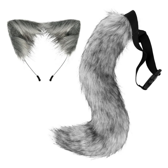 Colgante de cola de animal adorable en 3D para Halloween, con pompones, cola peluda a la moda, 50 cm, cola de Halloween con diadema para las orejas