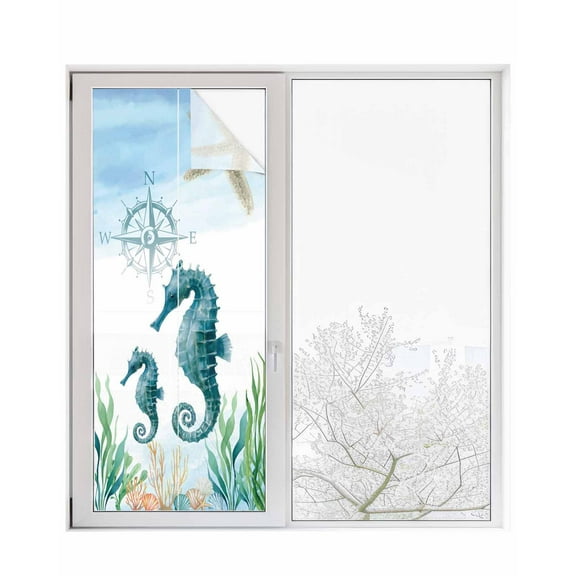 Window Privacy Film Coastal Seahorse Stained Glass Window Film Decorative Sun Block Window Cover Blue Green Ocean Starfish Coral Nautical Window Clings Static Sticker for Bathroom 29.5"x78.7"