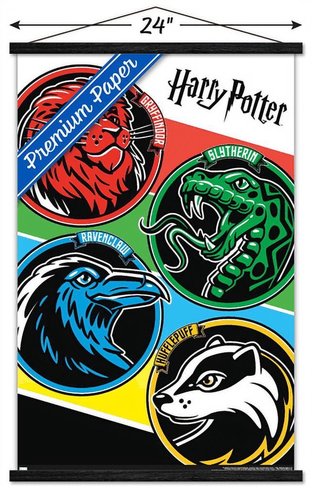 The Wizarding World: Harry Potter - Color Crests Wall Poster with Wooden Magnetic Frame, 22.375" x 34"