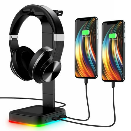 TSV RGB Headphones Stand with 2 USB Ports, Gaming Headset Holder, Headphone Hanger for Gamers Gaming PC Accessories Desk
