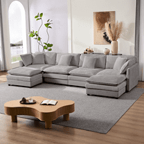 ijuicy 148'' U/L Shaped Sectional Sofa with Movable Ottomans,  Modular Chenille Deep Seat Couches for Living Room - Light Gray