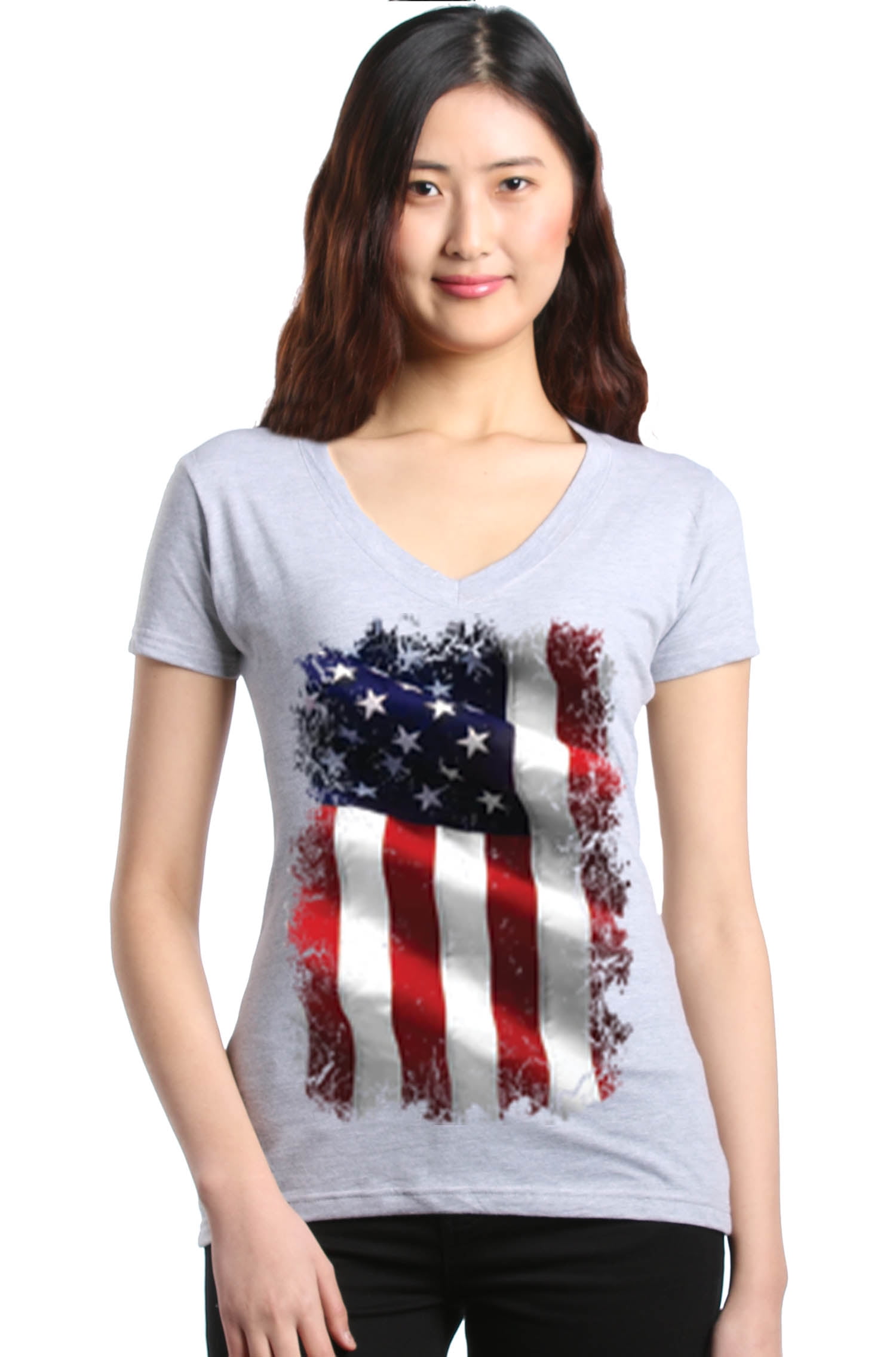 Shop4Ever Women's Patriotic American Flag 4th of July USA Slim Fit V-Neck T-Shirt Small Sports 